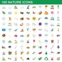 100 iconos de naturaleza, estilo de dibujos animados vector