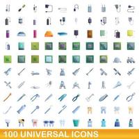 100 universal icons set, cartoon style vector