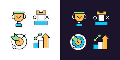 Business success pixel perfect light and dark theme color icons set. Achievements and development. Winning strategy. Simple filled line drawings. Bright cliparts on white and black. Editable stroke