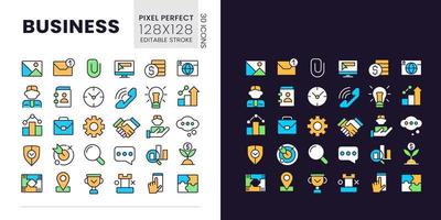 Business pixel perfect light and dark theme color icons set. Commerce and finance. Digitalization. Simple filled line drawings. Bright cliparts on white and black. Editable stroke vector