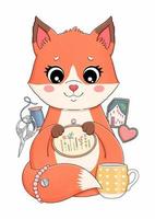 Red little fox with embroidery, cup vector