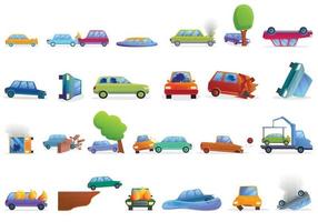 accidente de coche, conjunto de iconos de estilo de dibujos animados