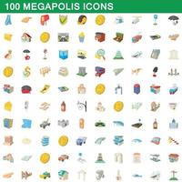 100 megalópolis, conjunto de iconos de estilo de dibujos animados vector
