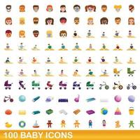 100 baby icons set, cartoon style vector