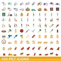 100 pet icons set, cartoon style vector