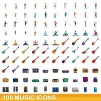 100 music icons set, cartoon style vector