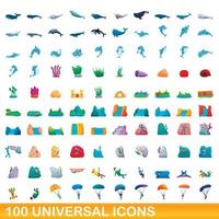 100 universal icons set, cartoon style vector