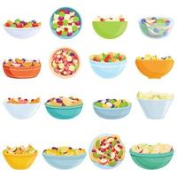 Fruit salad icons set, cartoon style vector