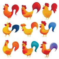 Rooster icons set, cartoon style vector