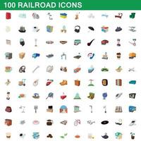 100 railroad icons set, cartoon style vector