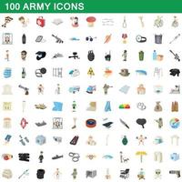 100 army icons set, cartoon style vector