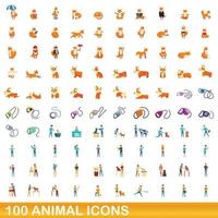 100 animales, conjunto de iconos de estilo de dibujos animados vector