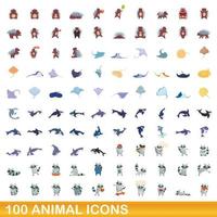 100 animales, conjunto de iconos de estilo de dibujos animados vector