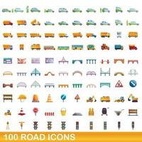 100 road icons set, cartoon style vector