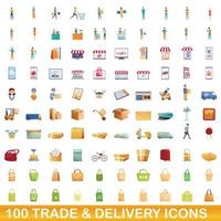 100 trade and delivery icons set, cartoon style vector