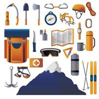 Climbing equipment icon set, cartoon style vector