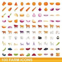 100 iconos de granja, estilo de dibujos animados