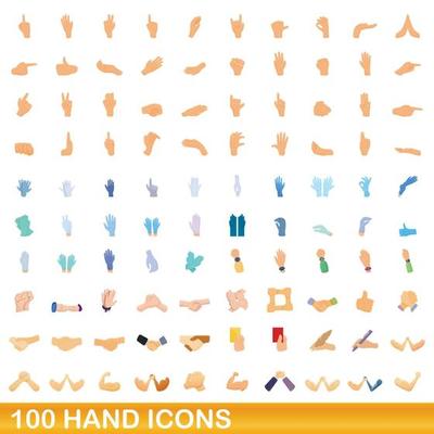 100 hand icons set, cartoon style