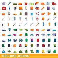 100 hike icons set, cartoon style