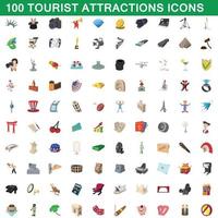 100 tourist attractions icons set, cartoon style vector