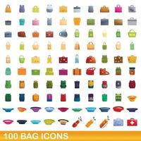 100 bag icons set, cartoon style vector