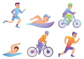 Triathlon icons set, cartoon style vector
