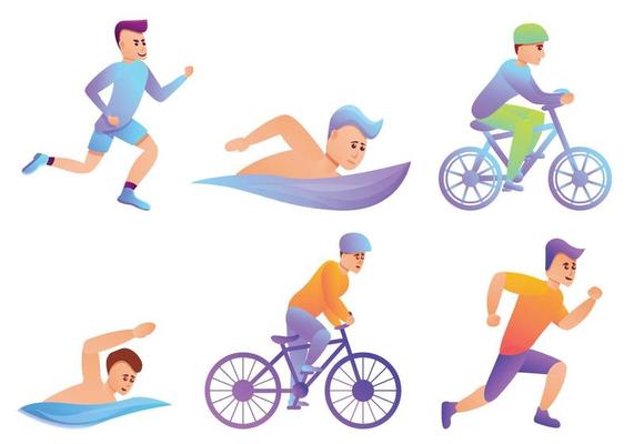 Triathlon icons set, cartoon style