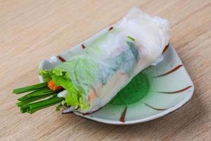 Spring rolls on the plate and wooden background photo