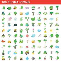 100 flora icons set, isometric 3d style