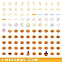 100 iconos de vacaciones, estilo de dibujos animados vector