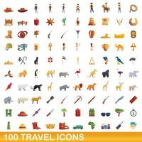 100 travel icons set, cartoon style vector