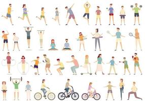 Family sport activity icons set cartoon vector. Home exercise vector