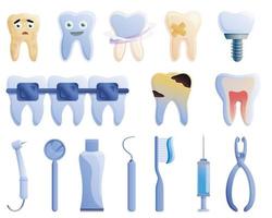 Tooth restoration icons set, cartoon style vector
