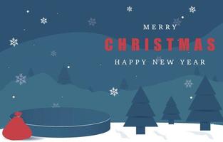 Merry Christmas banner with product podium in snowy night with firs, coniferous forest, falling snow, Woodland landscape for winter and new year holidays. Holiday winter landscape. Vector illustration