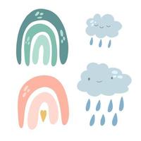 Nursery boho rainbow cloud. Cute baby card. Sleeping abstract arch with clouds and rain. Vector cartoon illustration on white background.