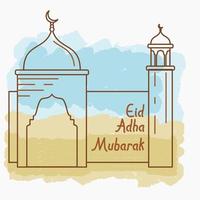 Editable Vector of Outline Style Mosque Illustration on Brush Stroked Background for Artwork Elements of Eid Adha Mubarak Islamic Holy Festival Design Concept