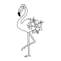 Vector illustration of flamingo isolated on white. Line silhouette of tropical bird standing on one leg. Outline floral flamingo with flowers
