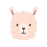 Cute portrait llama head in scandinavian style. Drawing baby alpaca face isolated on white. Vector sweet alpaca for kids poster and card.