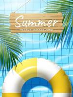 concepto de vacaciones. anillo de natación con hojas de coco y cartel de madera en la piscina. ilustración vectorial vector