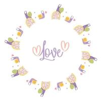 Round frame with cute snails in love on rainbow and with heart and word - Love. Vector illustration. Valentine card, napkin, round postcard, for print, decor and design.