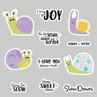Set of stickers with cute snails and funny phrases about love and slow insect molluscs. Vector illustration. Isolated elements for design, decor, print and decoration.