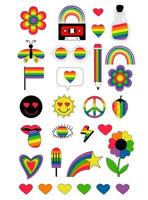 gran conjunto de símbolos de la comunidad lgbtq. iconos vectoriales del mes del orgullo lgbt con banderas de orgullo, elementos retro del arco iris, corazón, gafas y símbolo de reconciliación, elemento de amor romántico. celebración maravillosa del orgullo gay