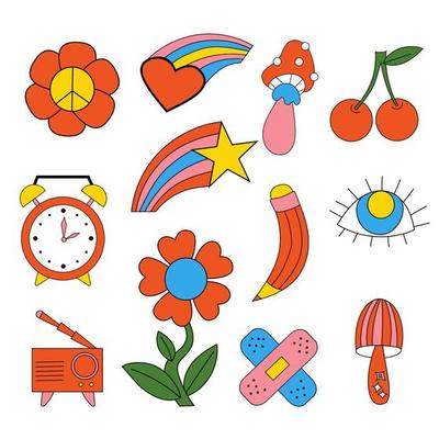 Cute funky hippy stickers. Retro set of 70s 80s style psychedelic groovy elements. Vector clipart vintage hippy style, cartoon funky mushroos and flower, roller-skates, bus, retro phone and band-aid.