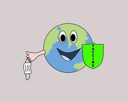 earth with vaccine shield and taking off medical mask vector