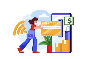 Woman paying online through debit card vector