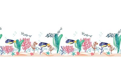 Fish seAquarium with blue tang fish, starfish, shell and corals. Seamless horizontal pattern with fishes and underwater items on white background. For textile, cards, design surfaces, packaging. vector