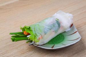 Spring rolls on the plate and wooden background photo