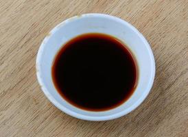 Soy sauce in a bowl on wooden background photo