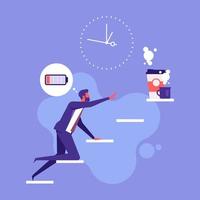 Tired employee crawls up stairs for cup of coffee. Break time, businessman with low battery. Timeout after hard work. Overwork concept. Flat vector illustration