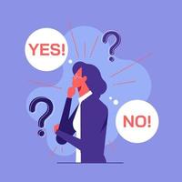 Woman standing confusedly to choose YES or NO, can not make decision, flat style vector illustration. Concept of choice